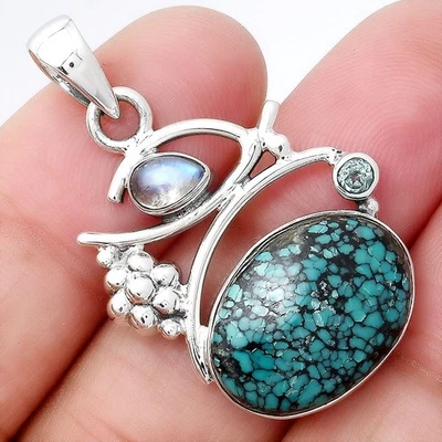 Lucky Charm Tibetan Turquoise, Moonstone & Sky Topaz 925 Silver Pendant P-1704 - Image 1 of 4
