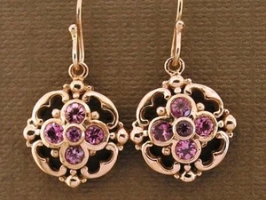 E024- Genuine SOLID 9ct Rose Gold NATURAL Pink Tourmaline Blossom Drop Earrings - Picture 1 of 5