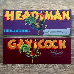 2 Vintage Original 1940er Jahre Tanzhahn GAY COCK Headman KISTENBOX Etikett Neu aus altem Lagerbestand - Bild 1 von 1