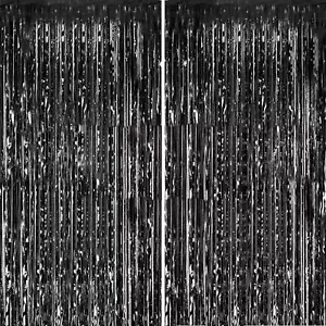2 Pack 3Ftx8.3Ft Black Metallic Tinsel Foil Fringe Curtains Photo Booth Props - Picture 1 of 8