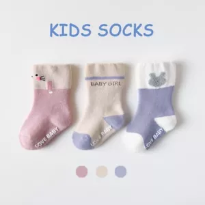 Nemo Baby Girl Socks Pink Cat Pattern Warm Thick Terry Socks Anti-slip 3 Pack - Picture 1 of 2