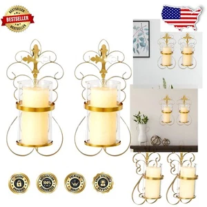 Rustic Gold Iron and Glass Candle Sconces - Elegant Wall Mount Decor (Pair) - Picture 1 of 9