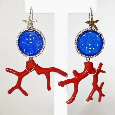 Orecchini Donna Corallo Rosso Naturale, Argento 925, Cristalli, Clipeo Agata Blu - Immagine 1 di 4