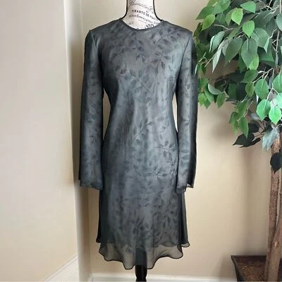 Vestido Kay Unger Mezcla Seda Estampado Hojas Manga Larga En Capas Verde Talla 6 Foto 1 de 4