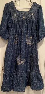 Vtg Ramona Rull Blue Denim Mirrored MuuMuu Caftan Dress Womens AV Embroidered - Picture 1 of 7