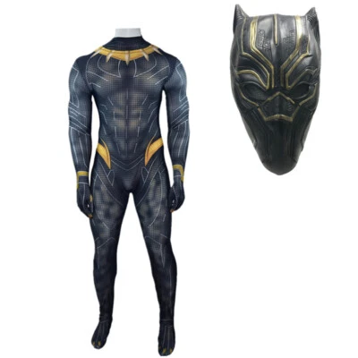 Black Panther Jumpsuit Superhero Cosplay Bodysuit Costume Zentai Halloween Mask - Image 1 of 4