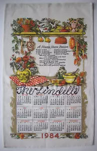 1980's 1984 kitchen calendar towel Recipe for happy home Lindells - Imagen 1 de 3
