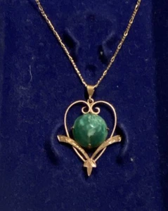 Antique Arts & Crafts 9ct Gold Necklace & Green Stone Pendant - Jade Agate?? - Picture 1 of 12