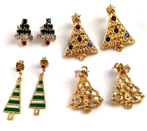 4 Pairs Vintage Rhinestone Christmas Tree Themed Earring Lot Studs Pierced Ears - Picture 1 of 8