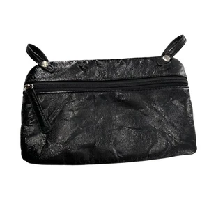 Vtg Black Faux Leather Zip-Around Coin Purse Wallet Soft Retro Organization c - Picture 1 of 9