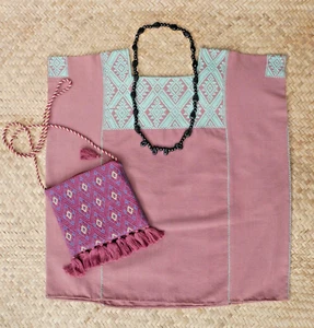 Huipil Top Mayan Aqua & Mauve Color Handwoven Backstrap Loom Chiapas Mexico Boho - Picture 1 of 13