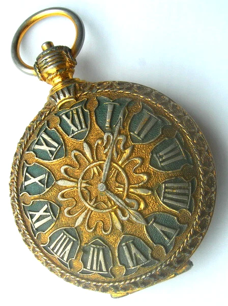 ancien rare poudrier compact forme montre gousset emblème 3 tours couronnées - Photo 1/4