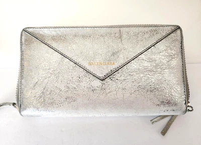 Balenciaga Silver Metallic Ville Leather Zip Around Long Wallet Envelope Papier - Image 1 of 4