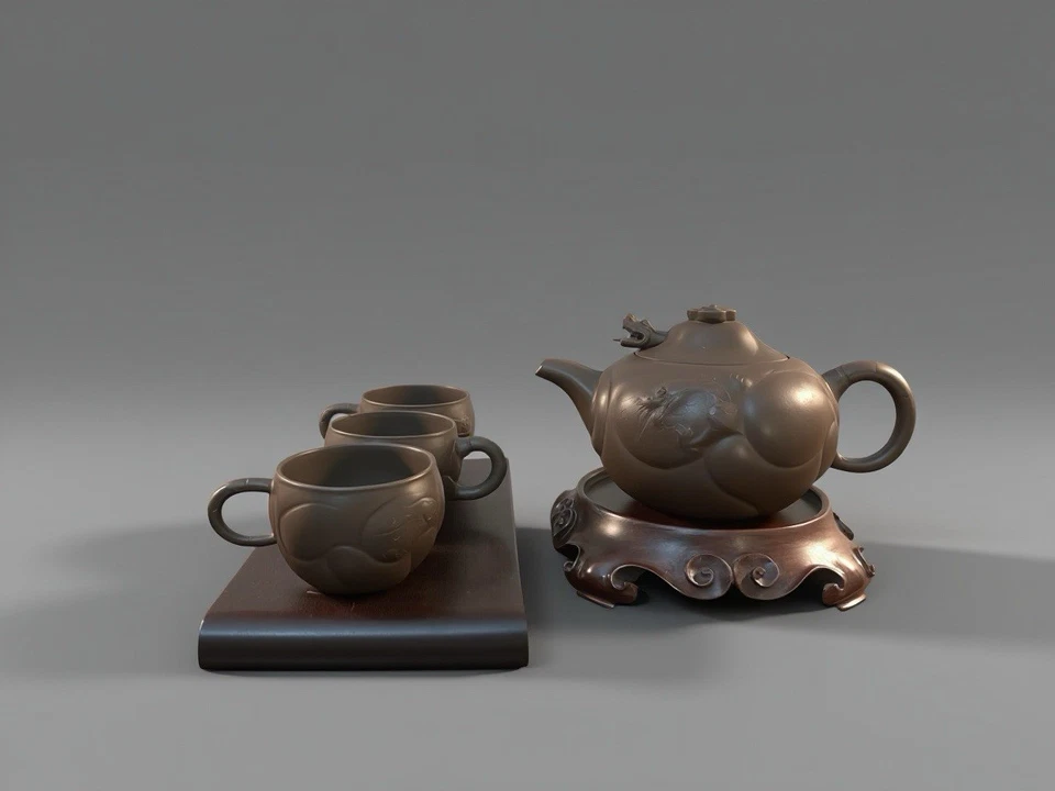 Old Yixing Natural Zisha Clay Dragon Head Teapot with Three Cups, 老宜興龍首原礦泥紫砂壺紫砂杯 - Image 1 of 4