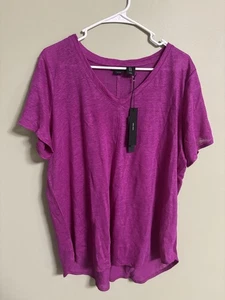 Tahari 100 % Leinen fuchsia kurzärmliges Damen-T-Shirt mit V-Ausschnitt Größe 1X NEU Übergröße - Bild 1 von 6