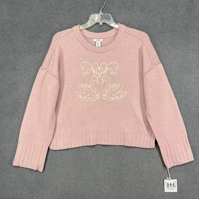 Suéter Haute Hippie Mujer XL Rosa Blanco Cosido Cisne Floral Elastizado Recortado Top Foto 1 de 4