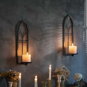 Wall Sconce Candle Holder Set of 2 - Black Gold Rustic Mount Metal Holders, G... - Picture 1 of 6