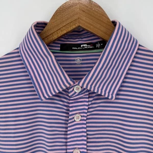 RLX Ralph Lauren Golf Polo Shirt Mens Medium Pink Blue Striped Wicking - Picture 1 of 7
