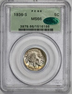 1936-S Buffalo 5c Nickel PCGS OGH MS 66 CAC Approved Sunset Toning - Picture 1 of 5