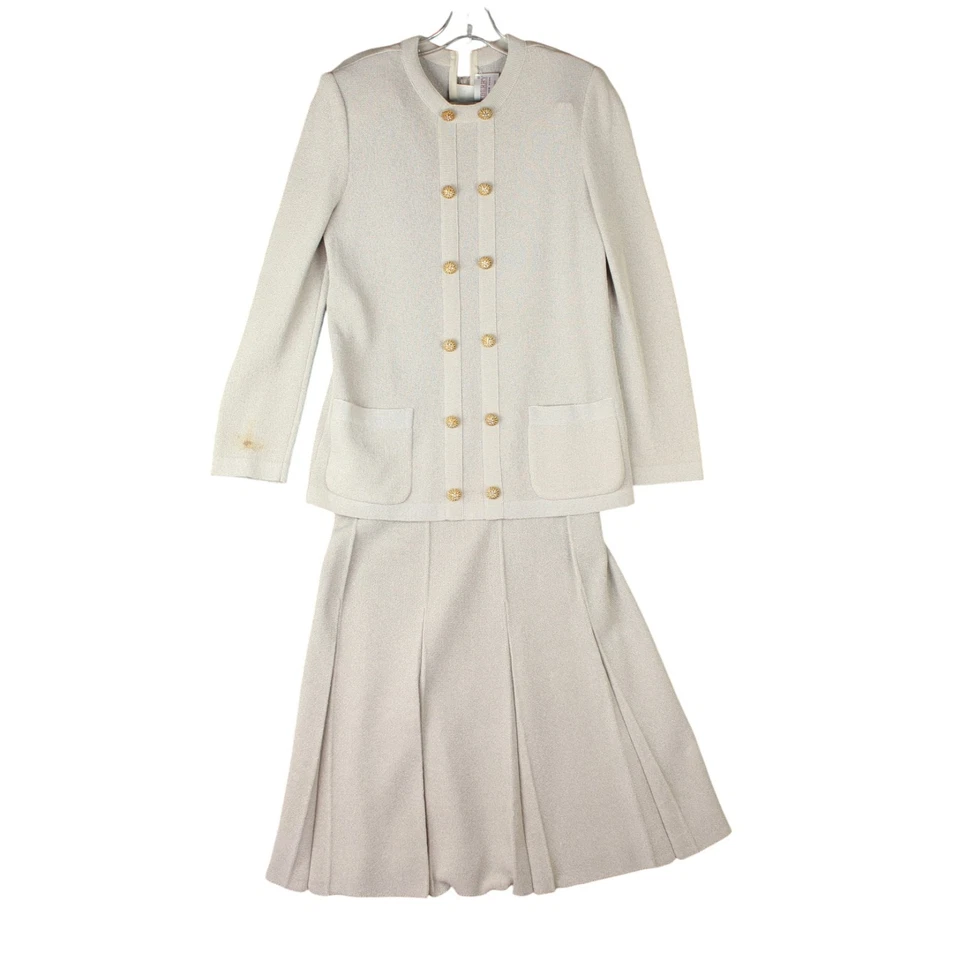 VTG CASTLEBERRY Knit Skirt Suit Sz 10 Ivory Sweater 2 Piece Old Money Pleated 10 - Image 1 of 4