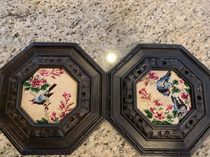 Juego de 2 Boho Cottagecore enmarcado para pájaros azules bordados con aguja acabado - Imagen 1 de 14
