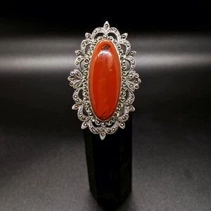 Sterling Silver Long Gothic Marcasite Red Jasper Ring Full Finger Ring Vampire - Picture 1 of 10