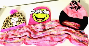 Girls 4-Piece Set 3-Hats & 1-Infinity Scarf Pink/Multicolor Kitty/Ninja Turtle - Picture 1 of 14
