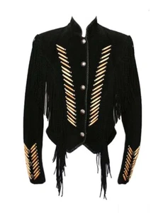 Para Hombres Nueva Chaqueta Vaquera Occidental Negra Gamuza Cuero Flecos Huesos Guerrero WFJ56 - Imagen 1 de 4
