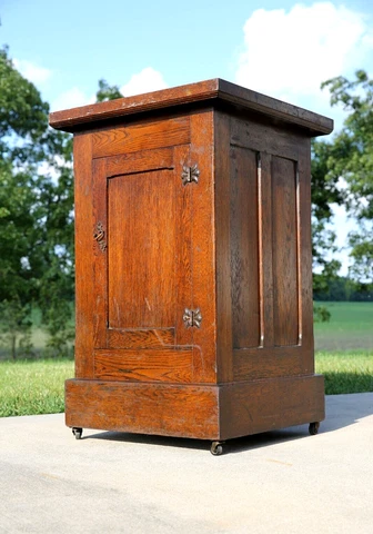 Antique Oak Apothecary Cabinet wood counter kitchen island plant stand casters Cover