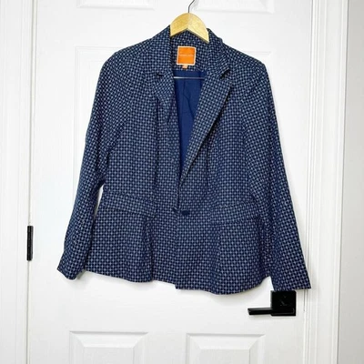 ModCloth Size 1X Cotton Navy Blue Geometric Print Cross Blazer Bow Back - Image 1 of 4