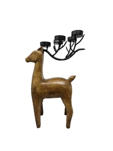 Handcarved Wooden Deer Tea Light Holders Antlers Medium Brown Heavy Sturdy - Picture 1 of 10
