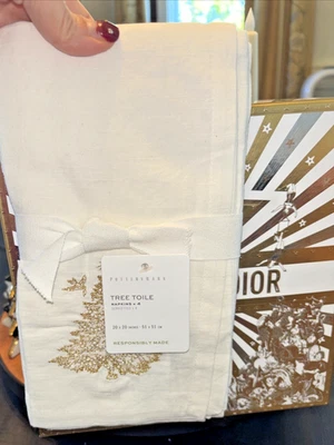 Pottery barn Holiday gold Party Napkin Christmas Tree bird wedding Toile SET 4 . - Image 1 of 4
