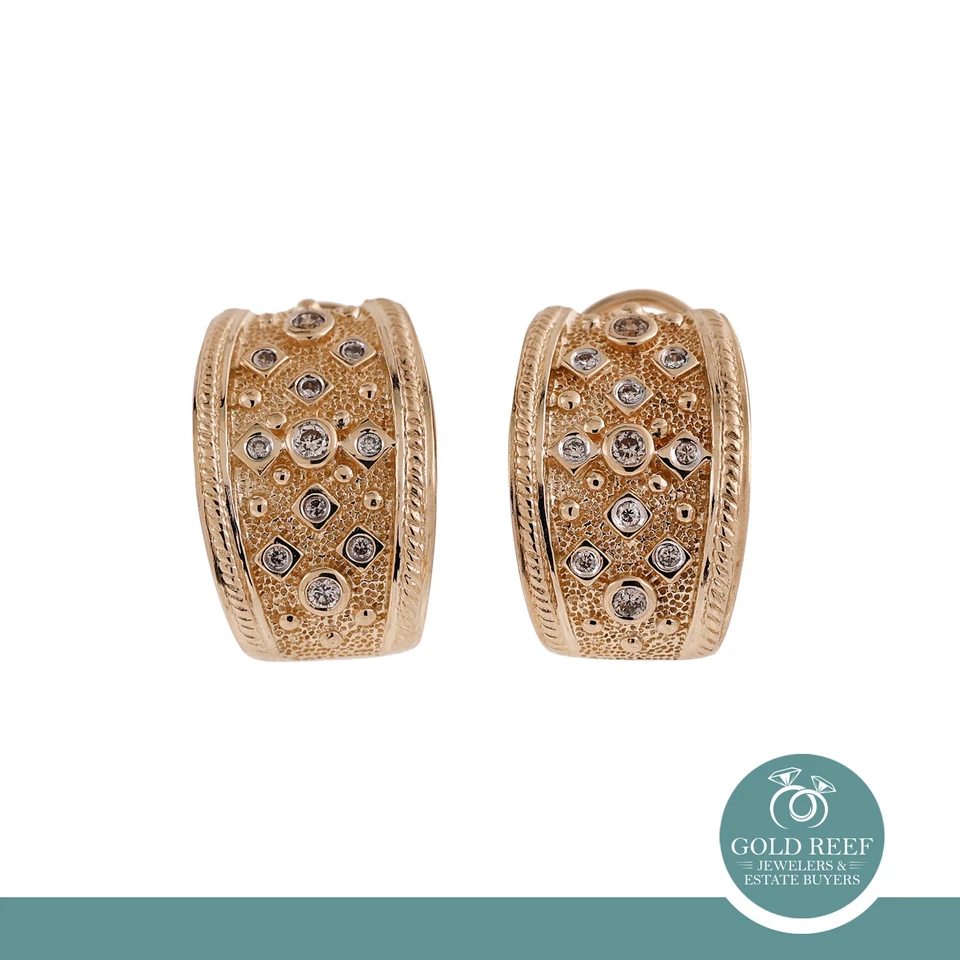 Wide J Hoop Diamond Earrings 14K Yellow Gold 0.33 CTW Diamonds 0.55" Omega Backs - Image 1 of 4