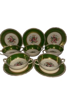 Antique Leamington Green Floral England Soup Bowls And Saucer Set Of 5 - Picture 1 of 6