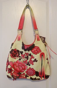 Neu mit Etikett Sukriti Kolkata Echtleder handbemalt Schultertasche Handtasche rosa Blumen - Bild 1 von 16