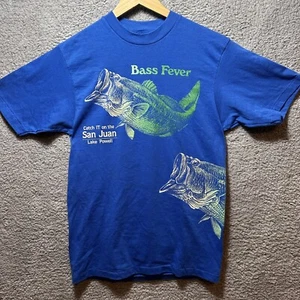 Vintage 80s 90s Bass Fish Shirt Medium AOP Blue Single USA Lake Powell Wrap - Picture 1 of 10