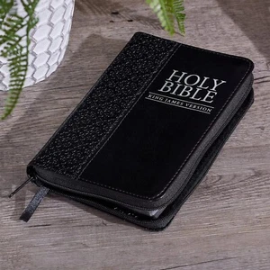 KJV Holy Bible, Mini Pocket Bible – Zippered Black Faux Leather Bible W/Ribbon M - Picture 1 of 8