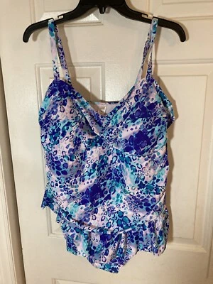 Traje de baño talla 22W 1 pieza rosa púrpura aguamarina blanco falda almohadillas acanaladas Jaclyn Smith Foto 1 de 4