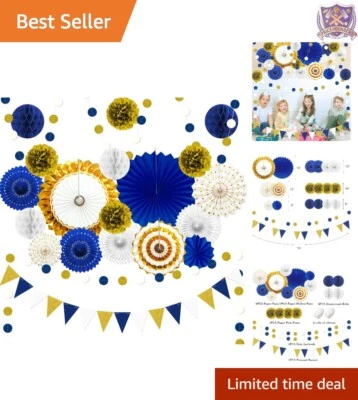 Ventiladores de papel azul marino dorado 23 piezas decoración de fiesta niño cumpleaños baby shower Foto 1 de 4