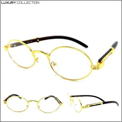 Mens Classy Exotic Sophisticated Modern Clear EYE GLASSES Oval Gold Wooden Frame - Image 1 of 4
