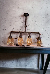 Industrial Pipe 4 bulb ceiling light fixture with bulb cages - Picture 1 of 2