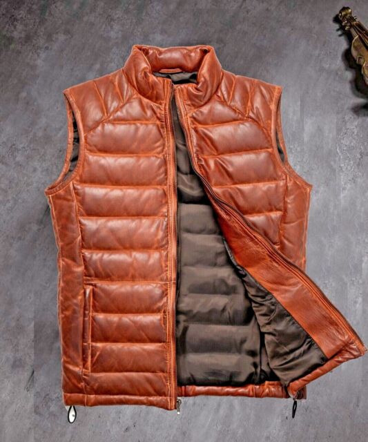 Mens Sleeveless Genuine Sheep Leather Gilet Vest Waistcoat Puffer Jacket 5  Color