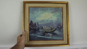Signed Mid-Century Gondola Harbor Scene 15 x15 Oil on Board - Picture 1 of 7