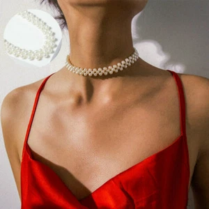 Pearl Choker Multi Layer Bead Chain Necklace Collar Clavicle Jewelry Statement - Picture 1 of 8