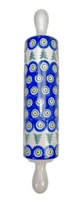 Boleslawiec Polish Pottery Rolling Pin Stoneware Peacock Evergreen 12.5”x 2.5” - Picture 1 of 5