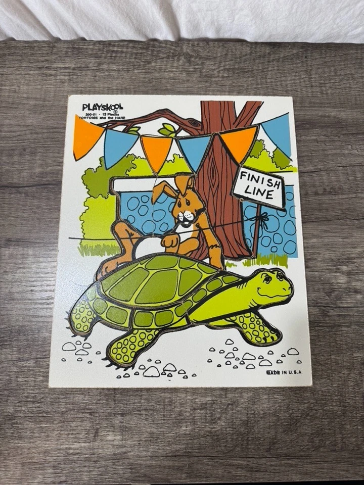 Vintage 1970s Playskool Wooden Tray Puzzle Tortoise & the Hare 12 Pieces 290-01 - Image 1 of 1