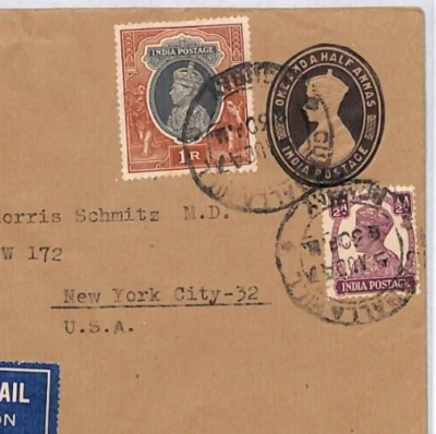 INDIA Air Mail Cover Uprated Stationery Calcutta USA New York 1947 PJ333 - Image 1 of 4