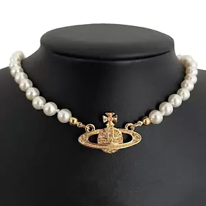 Authentic Vivienne Westwood Gold White Pearl Necklace Choker Chain with Bag - Picture 1 of 3