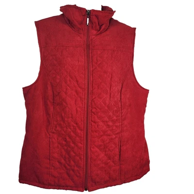 Studio Works Women Faux Suede Quilted Full Zip Vest Sleeveless Large Red Pockets - Image 1 of 4