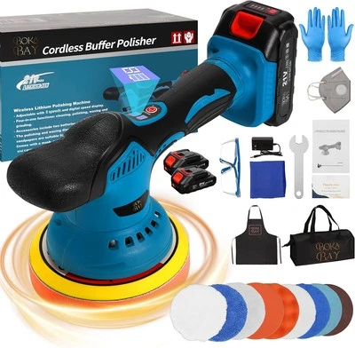 BOKA BAY Cordless 6" Car Polisher Kit 21V 2xBattery 8 Speed Buffer with 9 Attachments